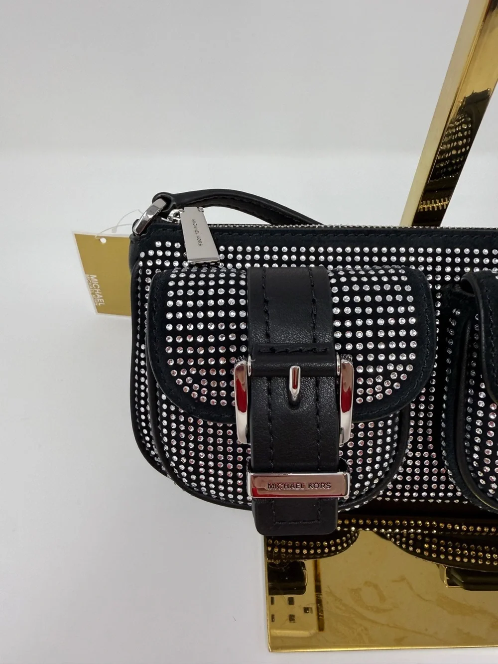Michael Kors Zoe Black Rhinestone Suede Pochette Shoulder Bag Y2K
